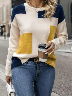 Stylish Color Block Crew Neck Pullover Sweater - Soft, Long Sleeve, Knitted, Casual, Fall & Spring Essential - Women's Clothing for Everyday Wear