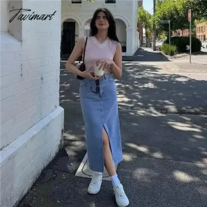 TAVIMART Summer Midi skirts vintage clothes korean skirts for women blue jeans skirt high waisted skirts woman denim skirt black slit