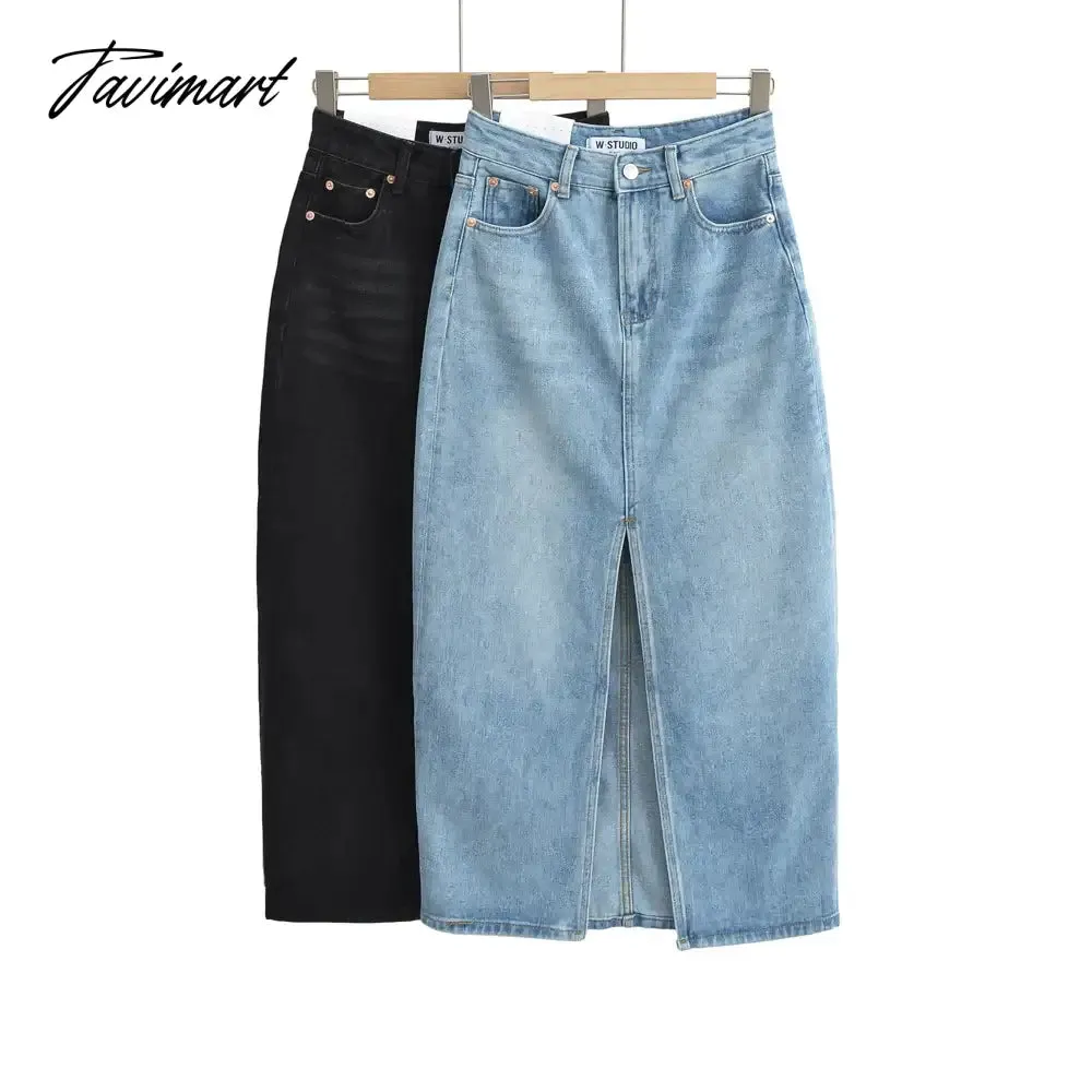 TAVIMART Summer Midi skirts vintage clothes korean skirts for women blue jeans skirt high waisted skirts woman denim skirt black slit