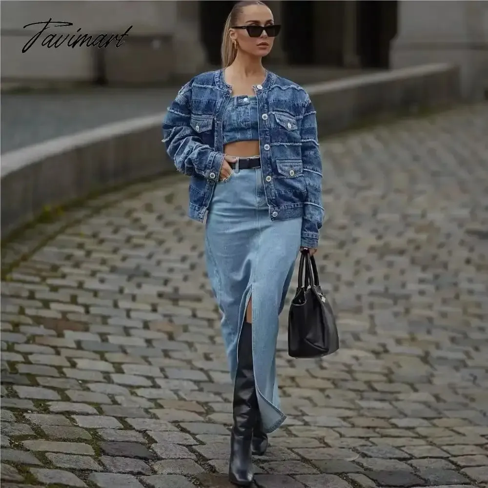 TAVIMART Summer Midi skirts vintage clothes korean skirts for women blue jeans skirt high waisted skirts woman denim skirt black slit
