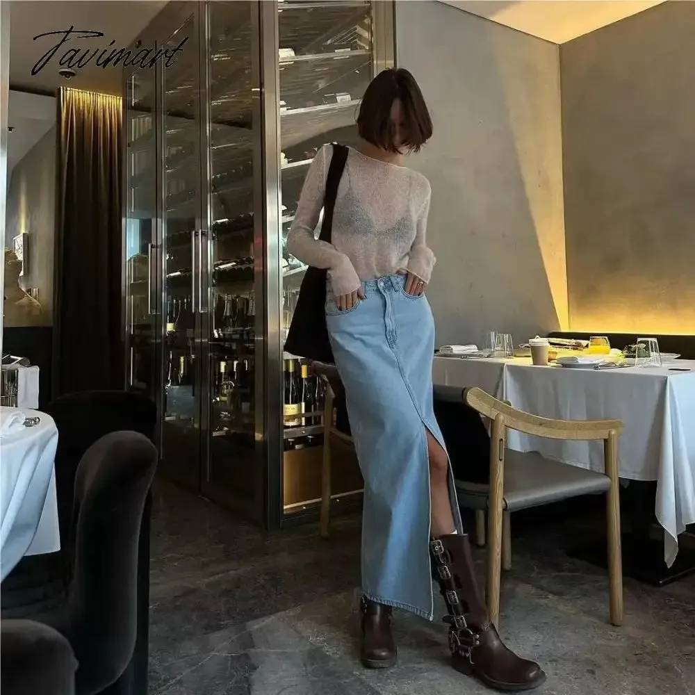 TAVIMART Summer Midi skirts vintage clothes korean skirts for women blue jeans skirt high waisted skirts woman denim skirt black slit