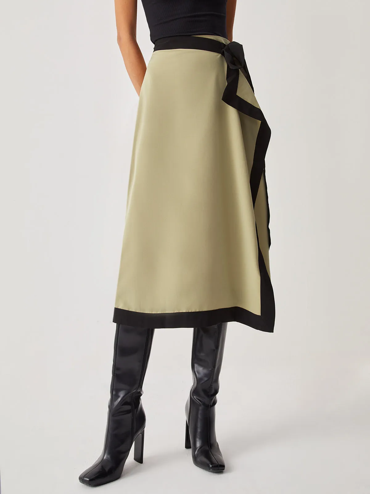 Tie Front Contrast Trendy Trim Midi Skirt
