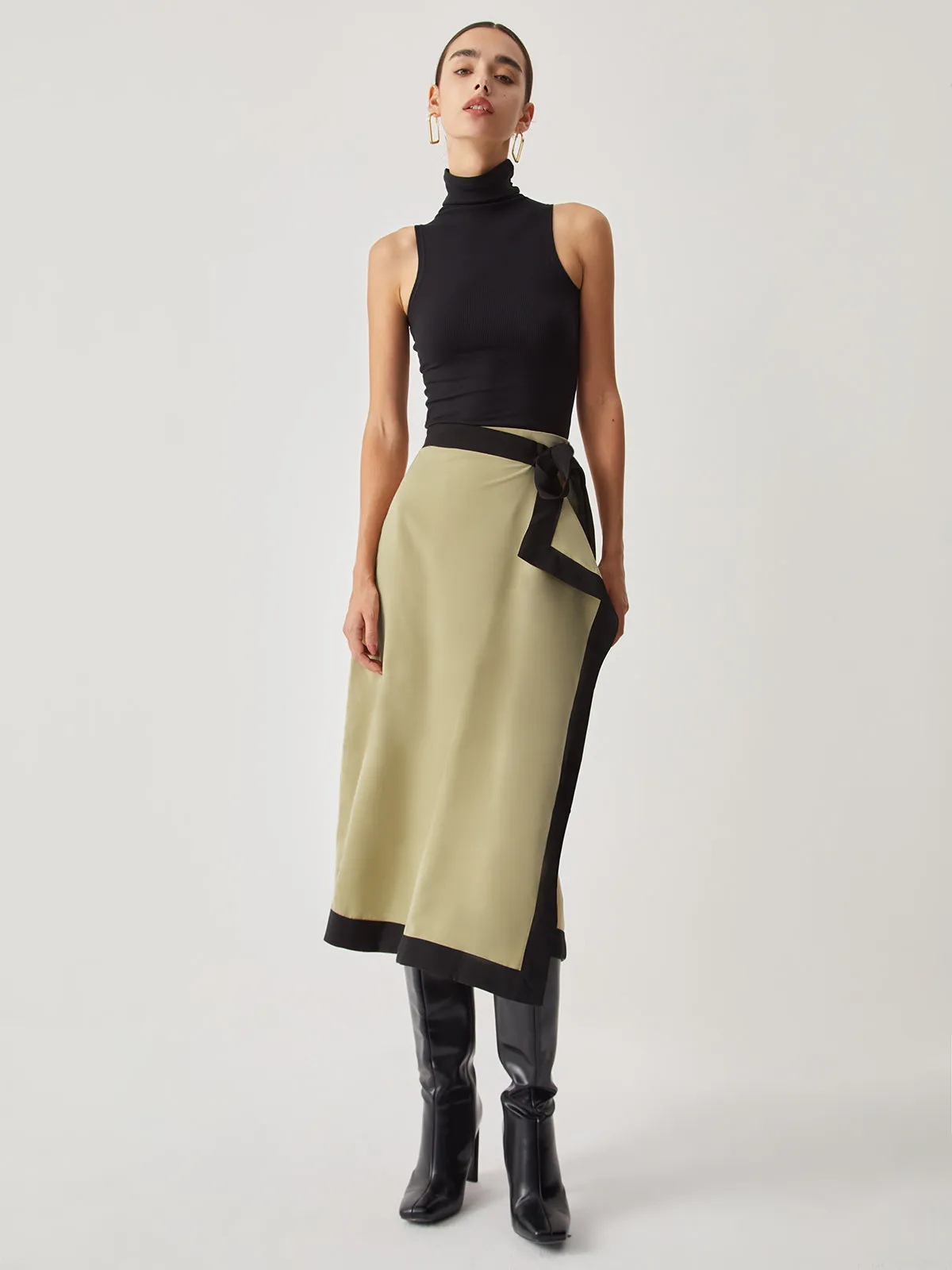 Tie Front Contrast Trendy Trim Midi Skirt