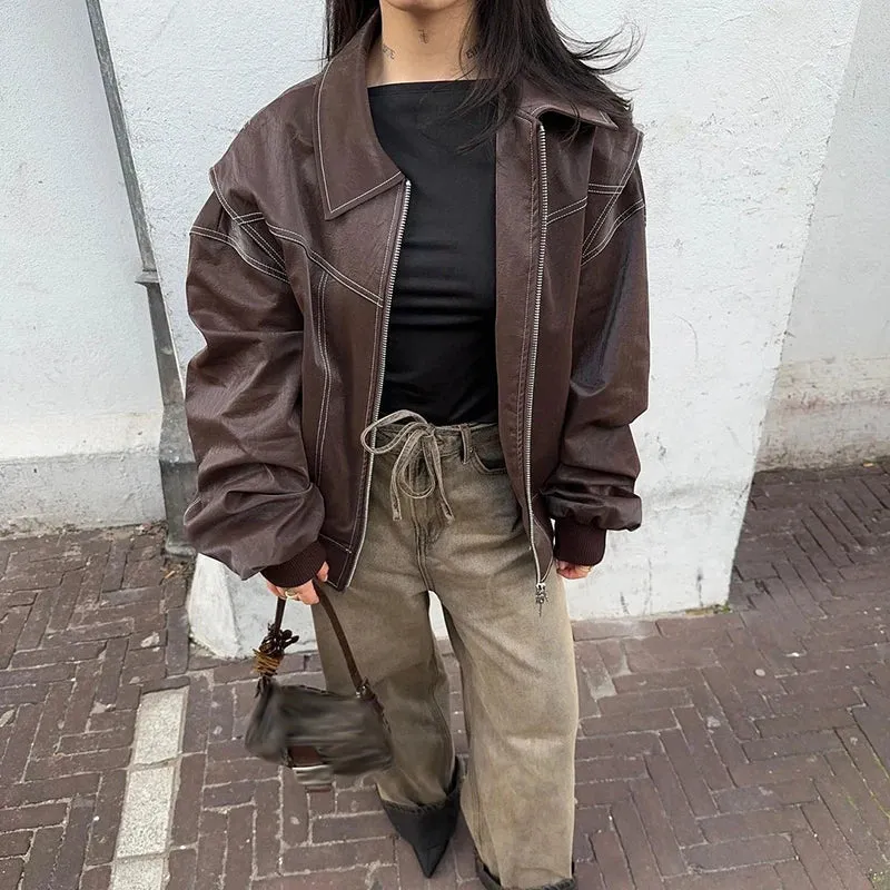 Toleet-Winter and Autumn Outfits Christmas/Thanksgiving_Autumn Leather Oversize Long Sleeve Turn-down Collar Fashion Casual Jacket