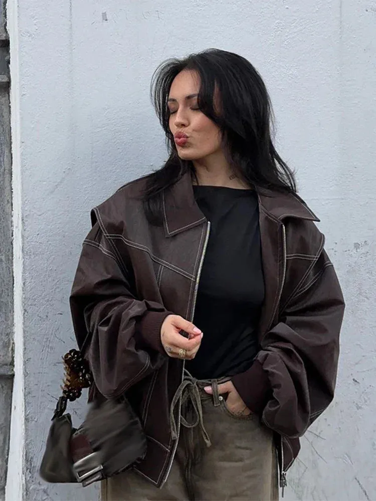 Toleet-Winter and Autumn Outfits Christmas/Thanksgiving_Autumn Leather Oversize Long Sleeve Turn-down Collar Fashion Casual Jacket