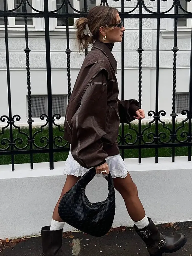 Toleet-Winter and Autumn Outfits Christmas/Thanksgiving_Autumn Leather Oversize Long Sleeve Turn-down Collar Fashion Casual Jacket