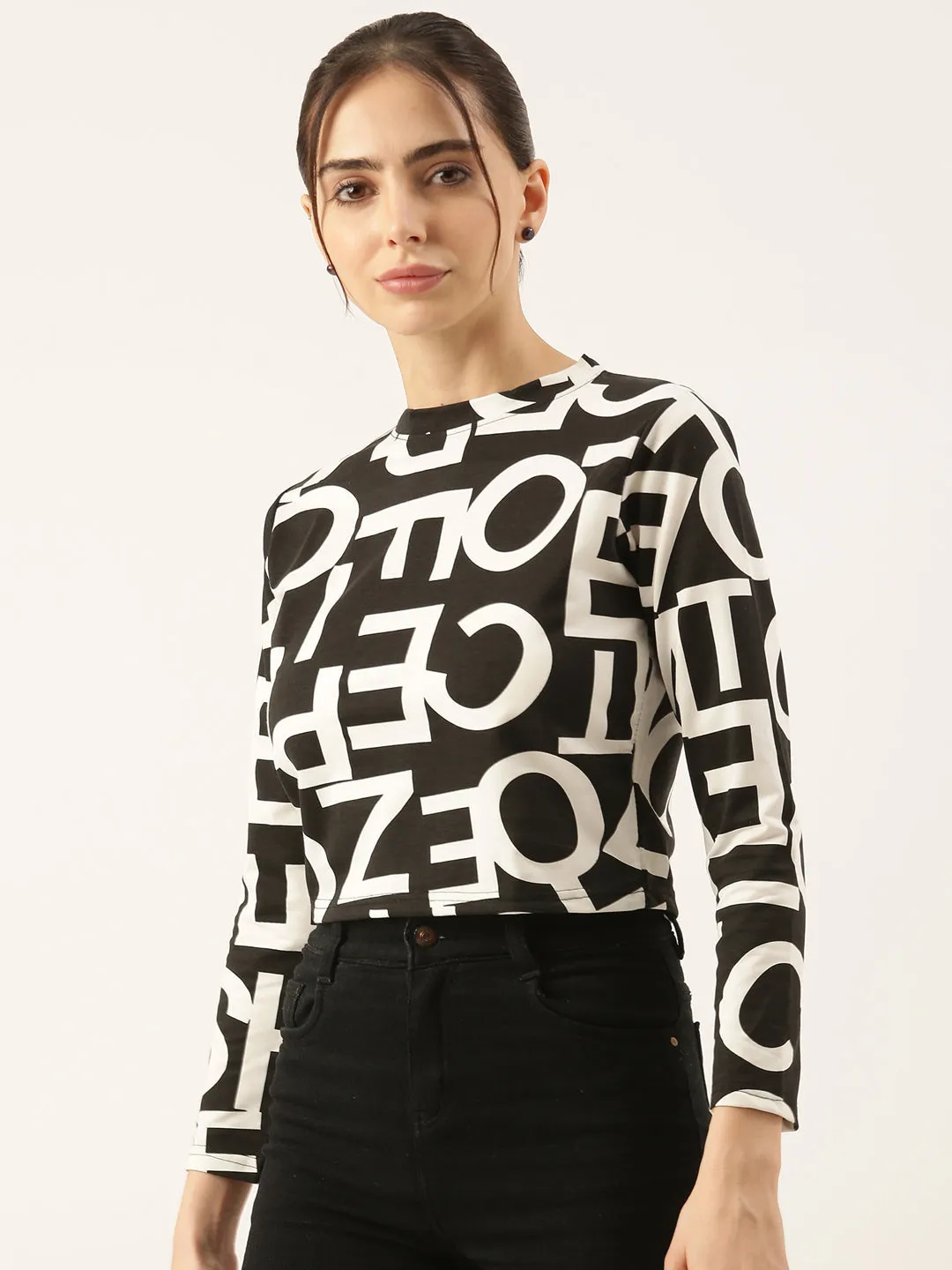 Women Black Printed Crop T Shirt