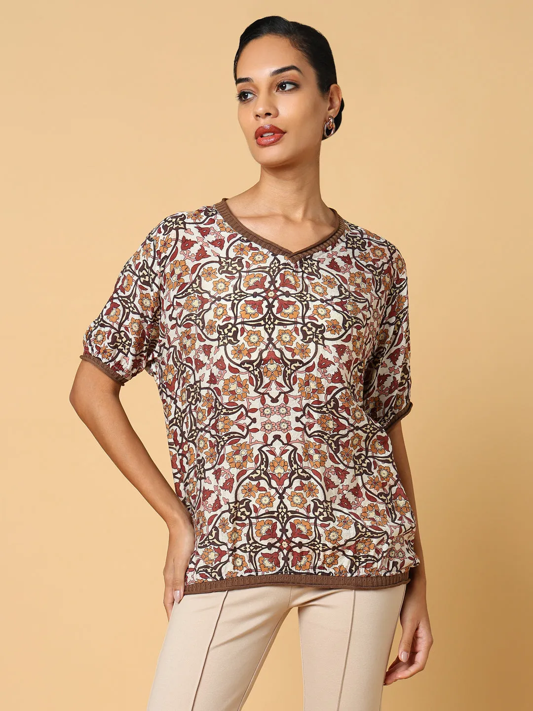 Women Brown Graphic Top