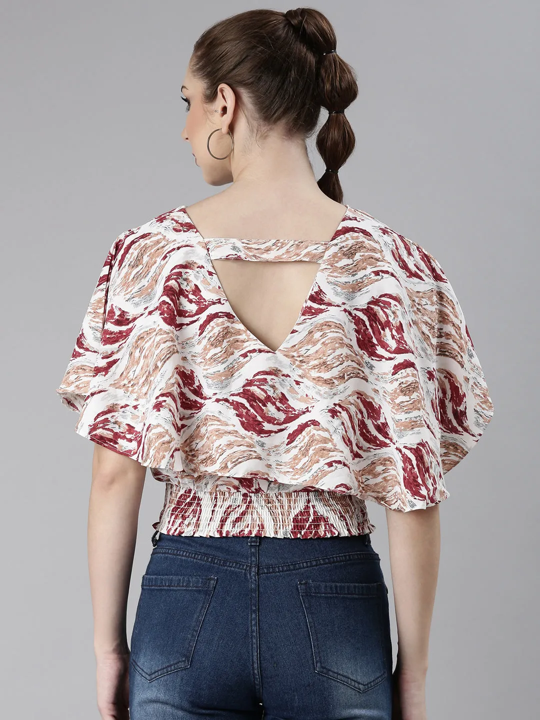 Women Maroon Abstract Blouson Crop Top
